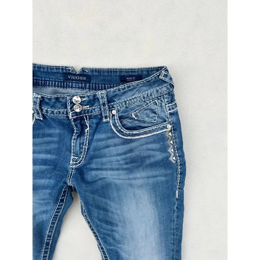 Vigoss The New‎ York Capri Jeans 31 Medium Wash Thick Stitch Rhinestone Cropped